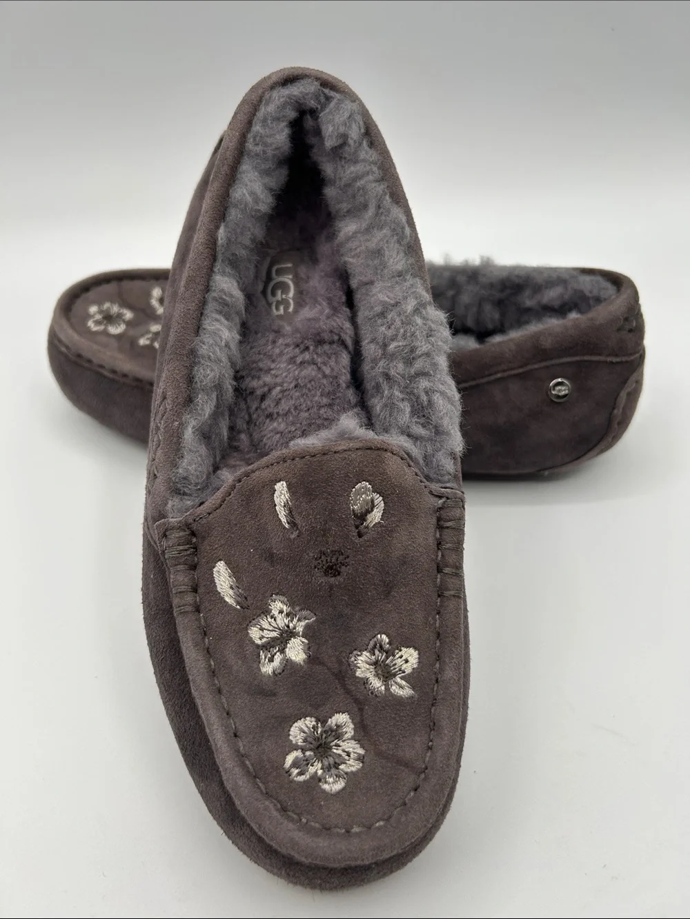UGG Ansley Blossom Gray Suede Moccasin Slippers with Plush Shearling Lining - Picture 13 of 16
